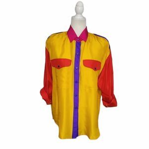 VINTAGE 80s blouse color block bright yellow‎ button up roll tab shirt L